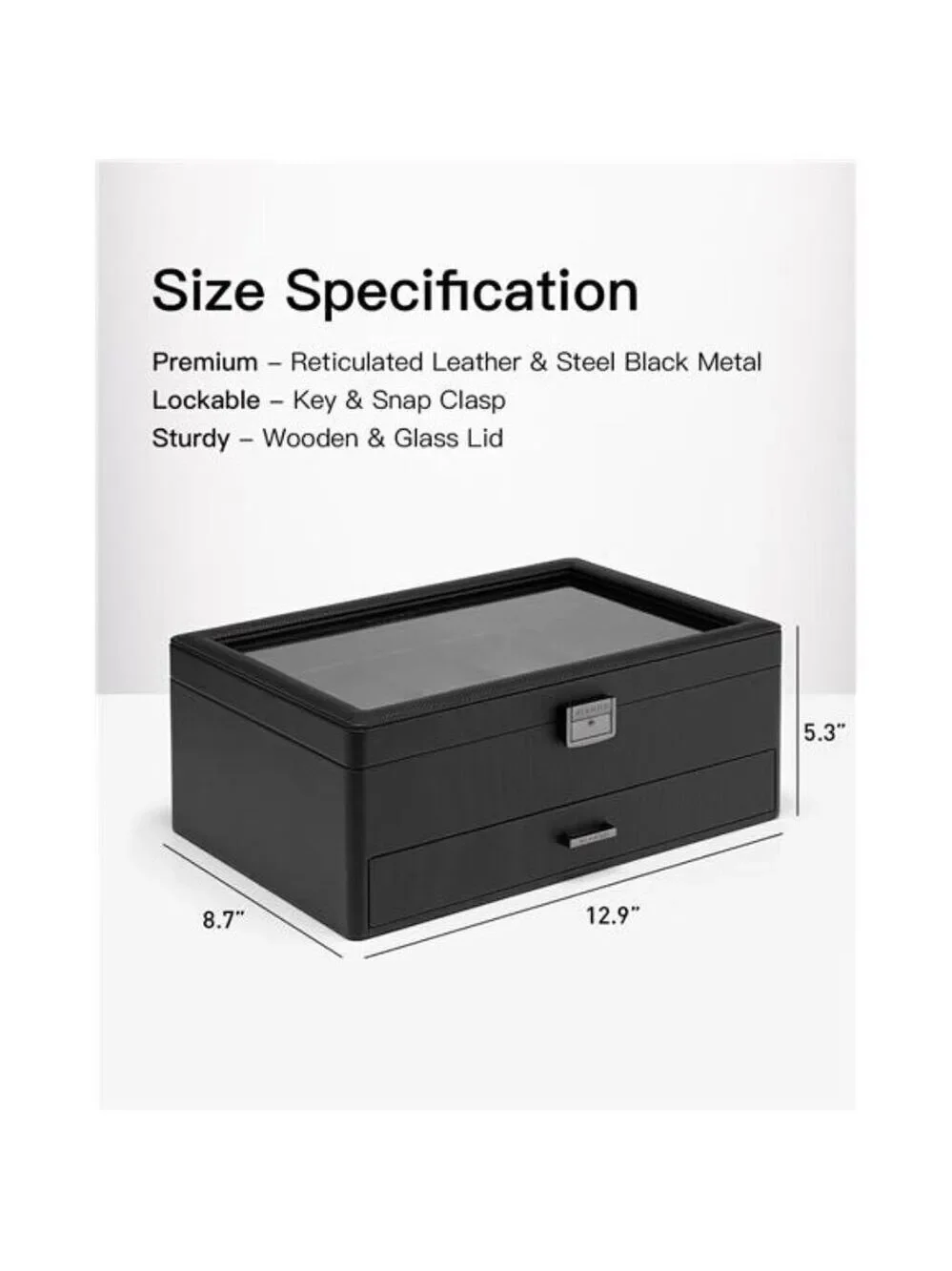 Mens Watch Box Organizer 10 Slot Leather Jewelry Case with Drawer Glass Lid